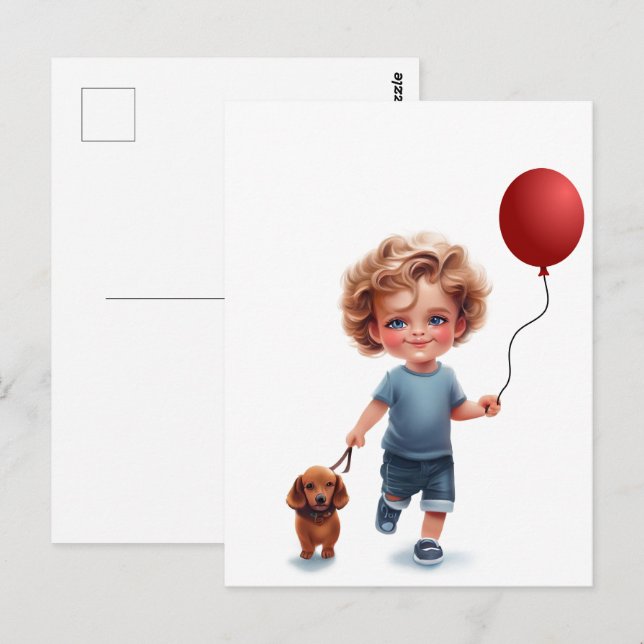 Little Boy and Dackel Postcard Art Postkarte (Vorne/Hinten)