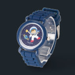 Little Boy Astronaut Personalisiert Armbanduhr<br><div class="desc">Diese lustige Uhr zeigt eine süße Vektorgrafik eines Jungenastronauten,  eines gelben Sterns und eines blauen Planeten auf dunkelblauem Hintergrund und kann mit dem Namen,  dem Monogramm,  dem Initial oder jedem beliebigen Text Ihrer Wahl personalisiert werden,  um ein individuelles Geschenk zu erhalten.</div>