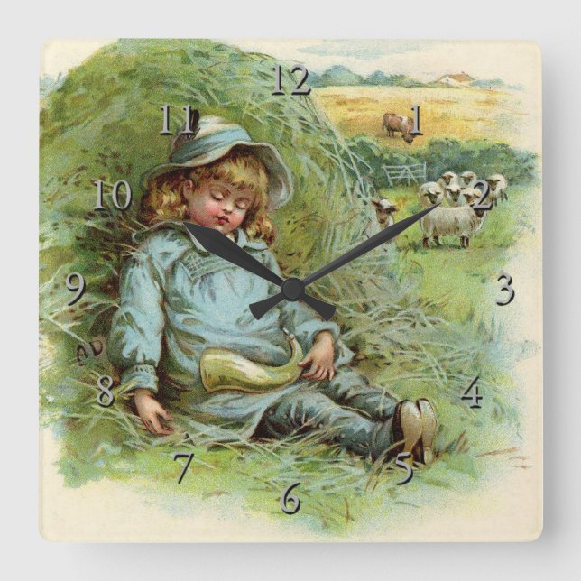 Little Boy Blue Kinderzimmer Rhyme Quadratische Wanduhr (Vorderseite)