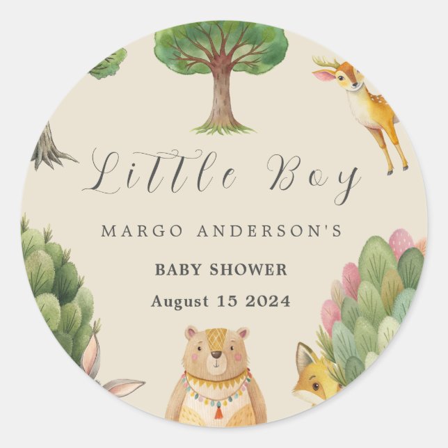 Little Boy Boho Woodland Animals Baby Dusche Runder Aufkleber (Vorderseite)