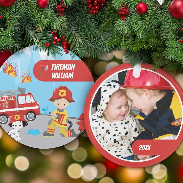 Little Boy Cartoon Fireman w Name Foto Weihnachten Ornament (Von Creator hochgeladen)
