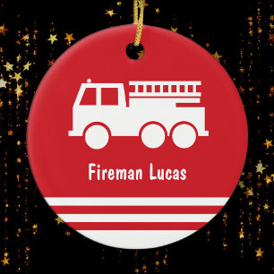 Little Boy Fire Truck Rot und Weiß Weihnachten Keramik Ornament