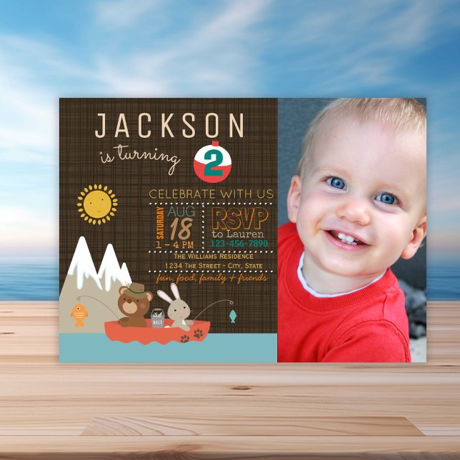 Little Boy Foto Angeln Geburtstagsparty Einladung (Boy's cute fishing any number birthday invitation. Simply add your event details.)