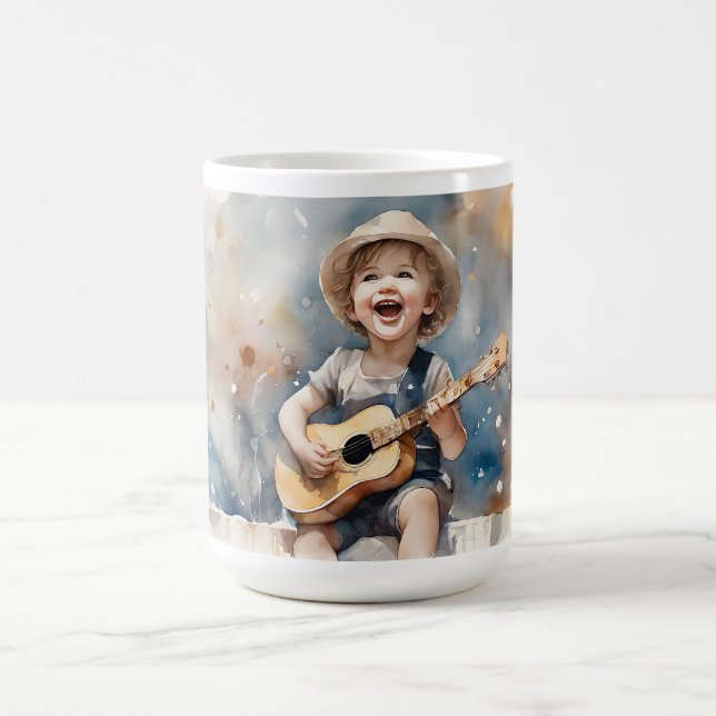 Little Boy Guitar Aquarellfarbe Illustration Kaffeetasse (Mittel)
