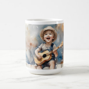 Little Boy Guitar Aquarellfarbe Illustration Kaffeetasse