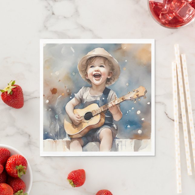 Little Boy Guitar singende Aquarellbilder Serviette (Beispiel)