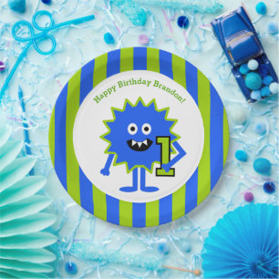 Little Boy Monster 1. Geburtstag Blaue Streifen Pappteller