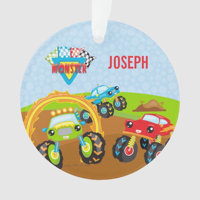 Little Boy Monster Trucks Name und Foto Weihnachte Ornament (Vorderseite)