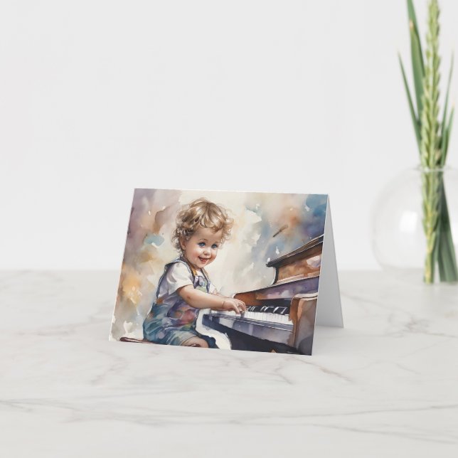 Little Boy Piano Aquarellfarben Illustration Leere Karte (Vorderseite)