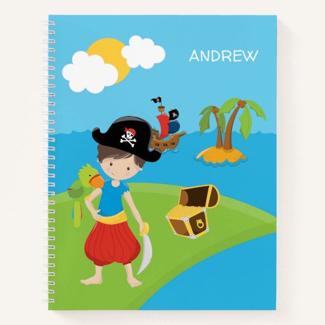 Little Boy Pirate mit Schatz und Papagei Notizbuch (Vorderseite)