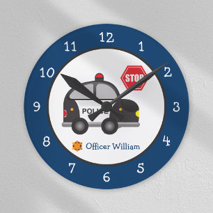 Little Boy Police Officer and Car Runde Wanduhr