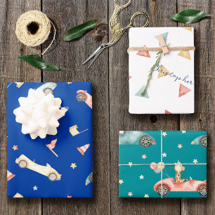Little Boy Racing Car Aquarellmuster Geburtstag Geschenkpapier Set