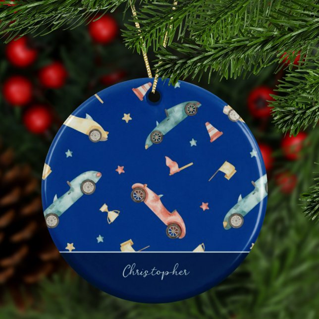 Little Boy Racing Car Watercolor Keramik Ornament (Von Creator hochgeladen)