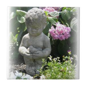 Little Boy und Vogel-Garten-Statue Fliese