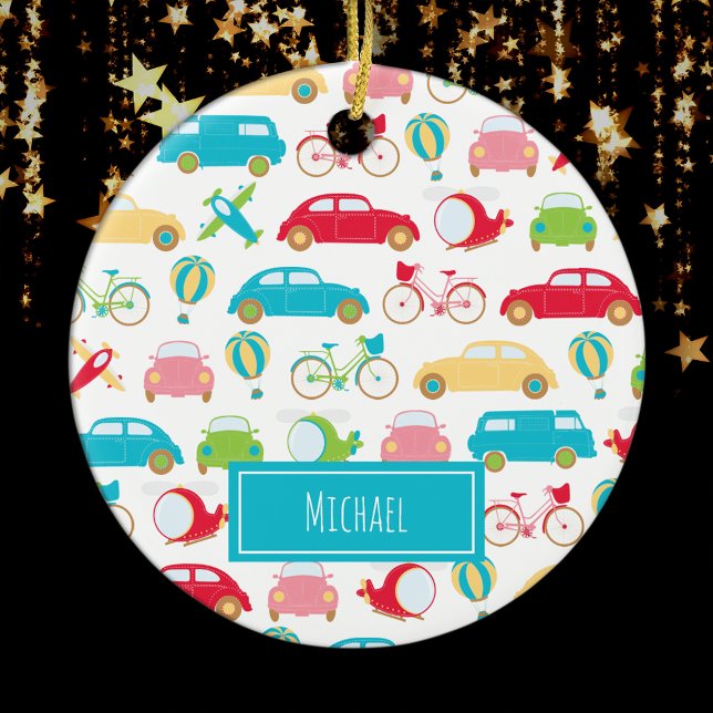 Little Boy Vehicle Pattern w First Name Christmas Keramik Ornament (Von Creator hochgeladen)