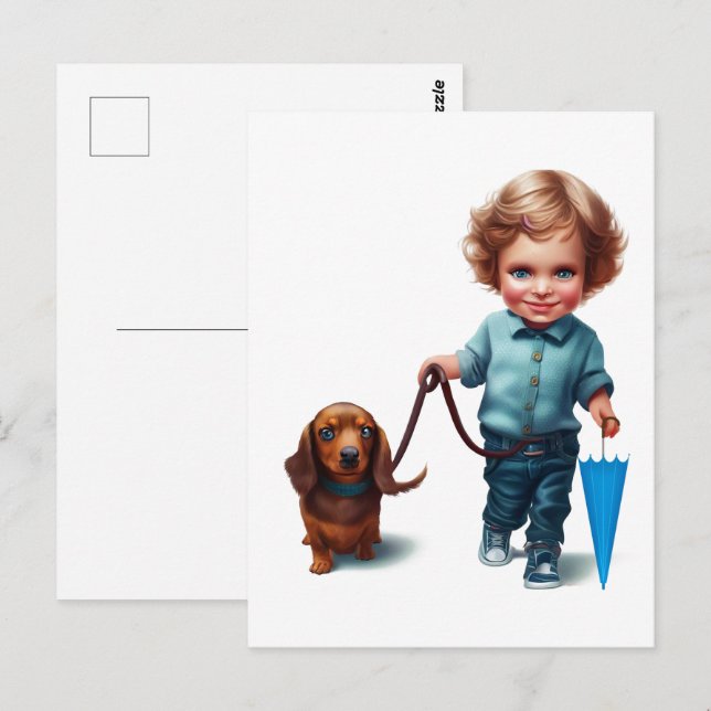 Little Boy Walking seine Dackel Postcard Art Postkarte (Vorne/Hinten)