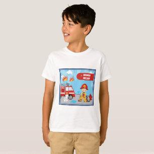 Little Boy's Cartoon Fireman mit Vorname T-Shirt