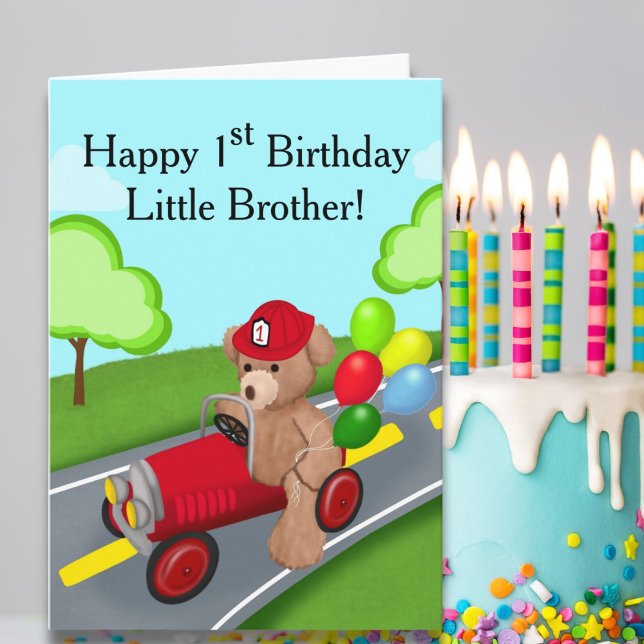 Little Brother 1st Birthday Teddy Bear Feuerwagen Karte (Von Creator hochgeladen)
