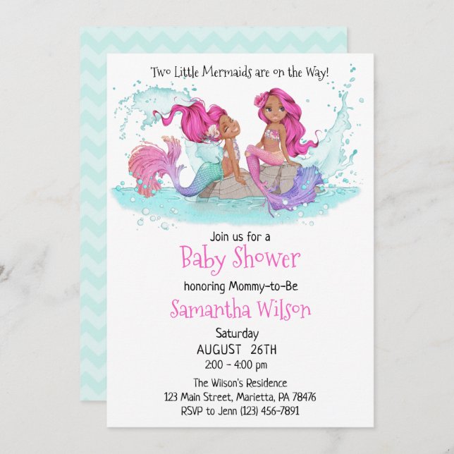 Little Brown Twin Mermaids Watercolor Baby Shower Einladung (Vorne/Hinten)