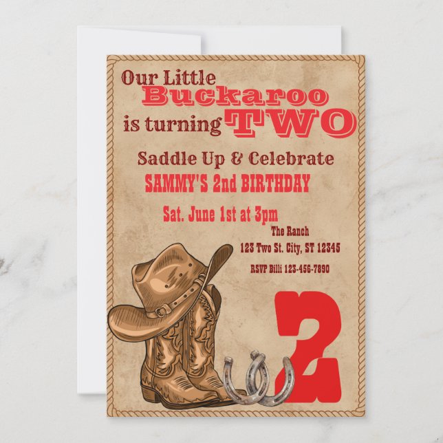 Little Buckaroo Two, Western 2nd Birthday Einladung (Vorderseite)
