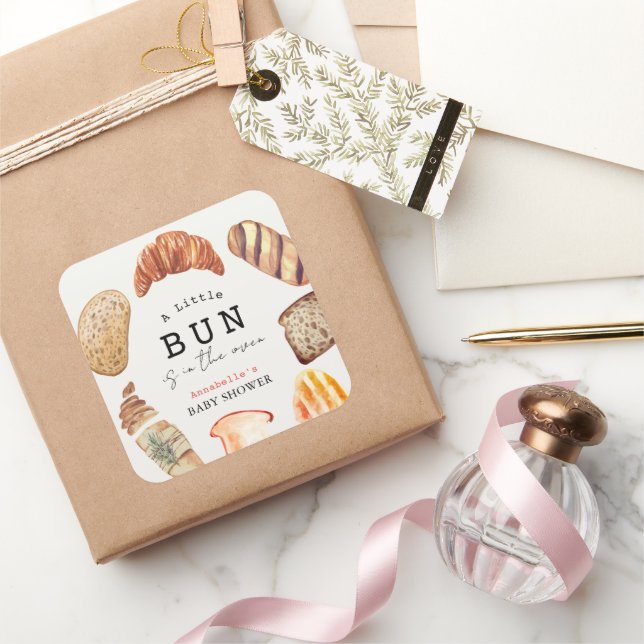 Little Bun in the Oven Bakery Pastries Baby Shower Quadratischer Aufkleber (Schenken)