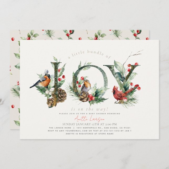 Little Bundle of Joy Birds Beige Babydusche Einladung (Vorne/Hinten)