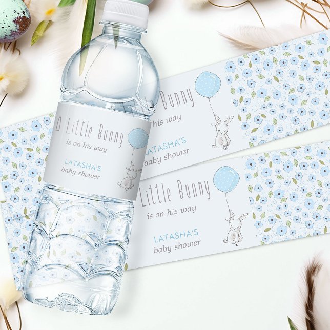 Little Bunny Blue Blume Boy Baby Dusche Wasserflaschenetikett (Water Bottle Labels from my Little Bunny & Balloon Baby Shower collection)