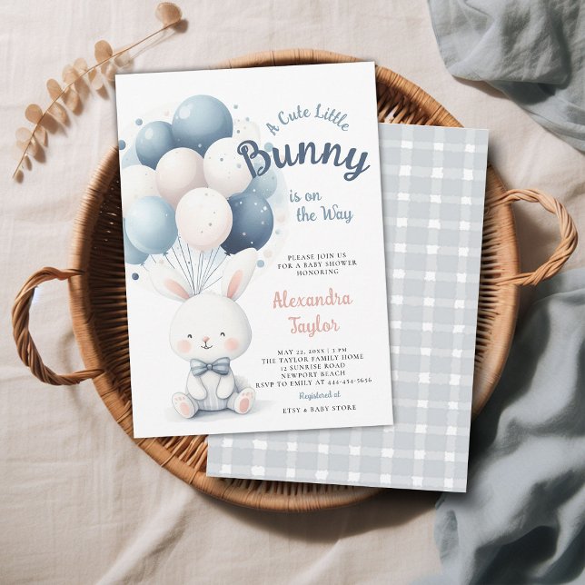 Little Bunny Bow Krawatte Balloons Navy Baby Boy D Einladung (a little bunny baby boy shower invitation springtime easter garden picnic navy blue balloons sweet)