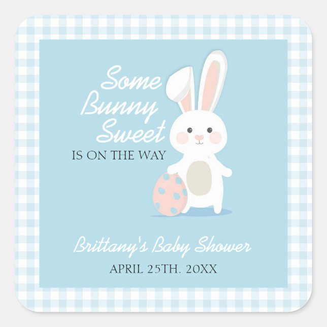 Little Bunny Easter Baby Shower Gingham Kariert Quadratischer Aufkleber (Vorderseite)
