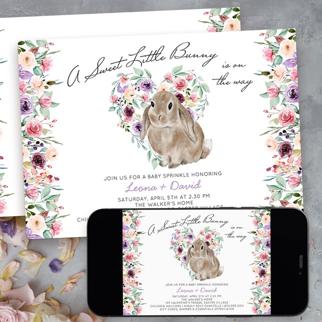 Little Bunny Floral Liebe Heart Baby Sprinkle Einladung (Sweet little bunny baby sprinkle invitation - message me to create additional templates)