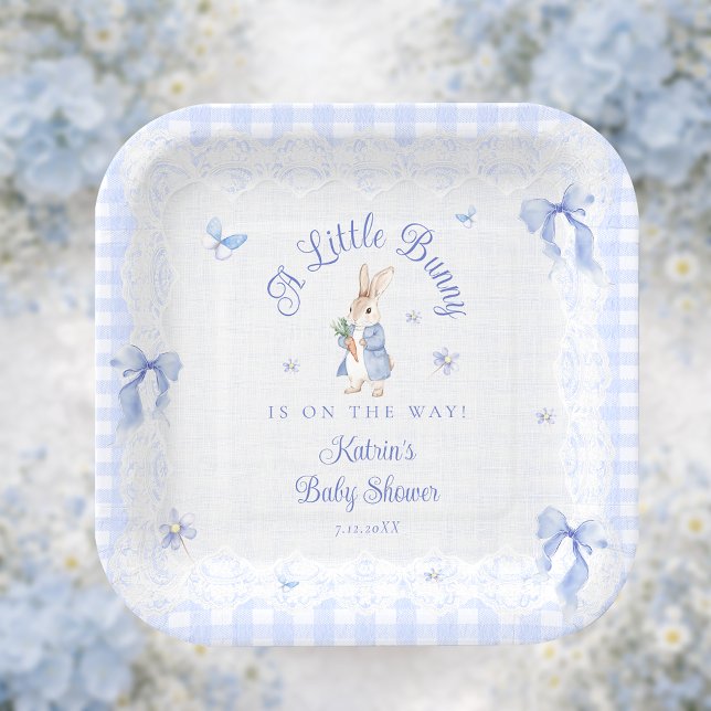 Little Bunny Gingham Blue Baby Shower Pappteller (Von Creator hochgeladen)