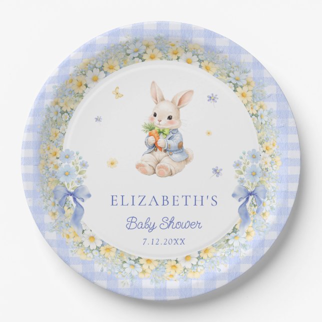 Little Bunny Gingham Boy Baby Shower Pappteller (Vorderseite)