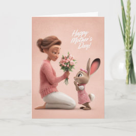 Little Bunny in Pink Bringing Mother's Day Flowers Karte
