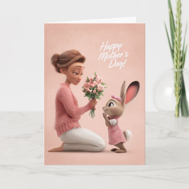 Little Bunny in Pink Bringing Mother's Day Flowers Karte (Vorderseite)