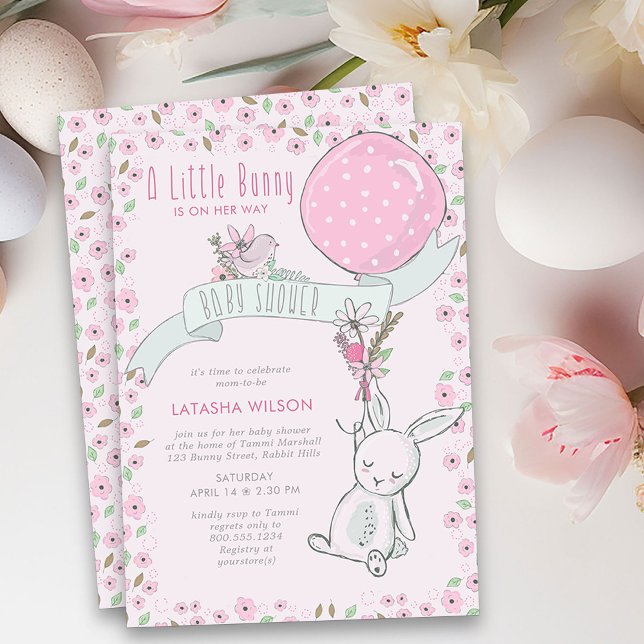 Little Bunny mit Balloon Niedlich Girl Baby Dusche Einladung (Girl Baby Shower Invitation from my Little Bunny & Balloon Baby Shower collection)