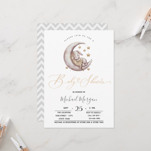 Little Bunny Moon Stars Zigzag Babydusche Einladung (Vorderseite/Rückseite Beispiel)