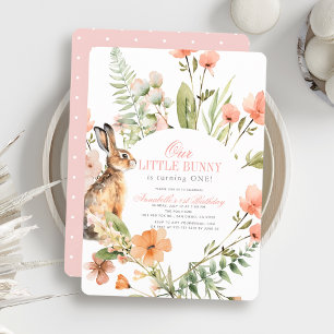 Little Bunny Pink Floral Girl 1. Geburtstag Einladung