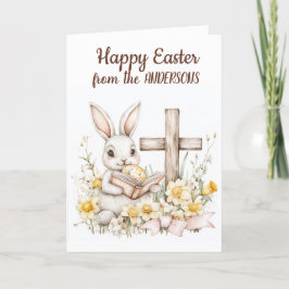 Little Bunny Reading Book and Cross Feiertagskarte
