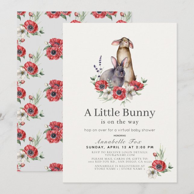 Little Bunny Red Anemone Virtual Baby Dusche Einladung (Vorne/Hinten)