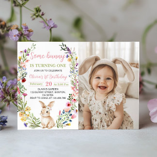 Little Bunny Wildblume Geburtstag Foto Einladung