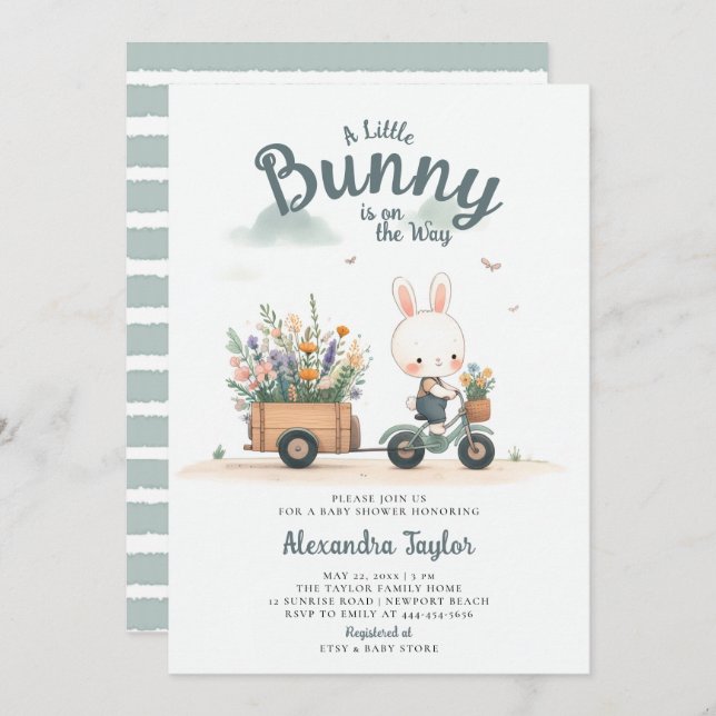 Little Bunny Wildblume Wagon Blue Baby Boy Dusche Einladung (Vorne/Hinten)