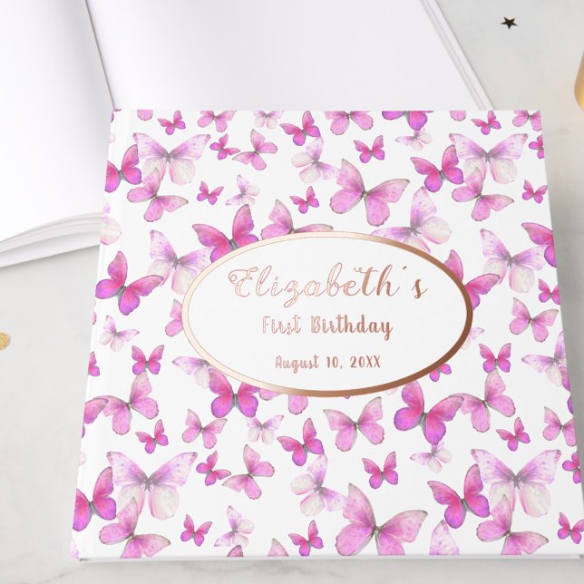 Little Butterfly 1st Birthday Pink Girl Rose Gold Gästebuch (Von Creator hochgeladen)