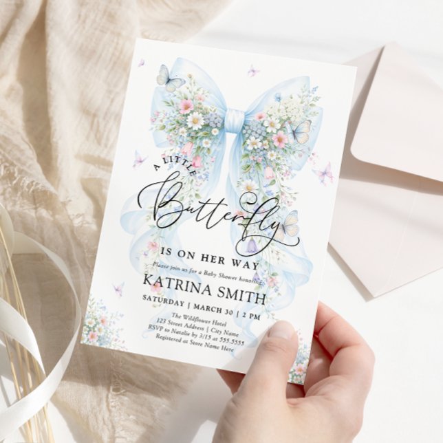 Little Butterfly Blue Bow Baby Shower Einladung (Von Creator hochgeladen)