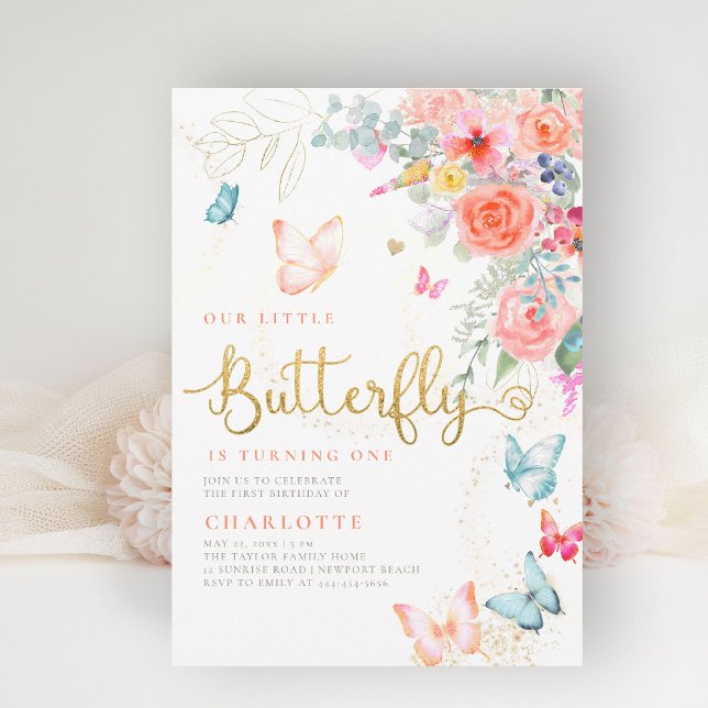 Little Butterfly Bright Garden Girl Birthday Party Einladung (our little butterfly girls birthday party invite pink garden floral  butterflies watercolor elegant)