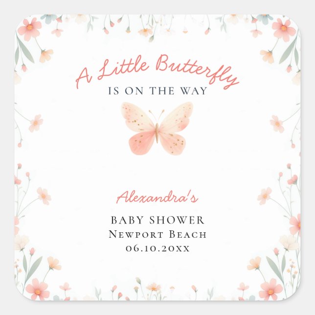 Little Butterfly Coral Aquamarin Niedlich Girl Bab Quadratischer Aufkleber (Vorderseite)