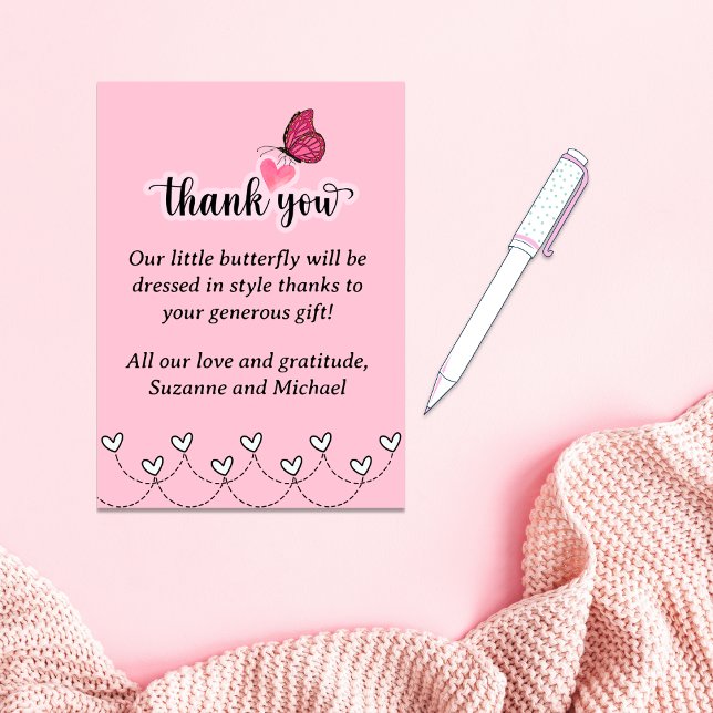 Little Butterfly Hearts Girl Baby Dusche Dankeskarte (Pink Butterfly Girl Baby Shower Thank You Cards (digital downloads available))
