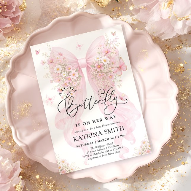Little Butterfly Pink Bow Girl Baby Shower Einladung (Von Creator hochgeladen)