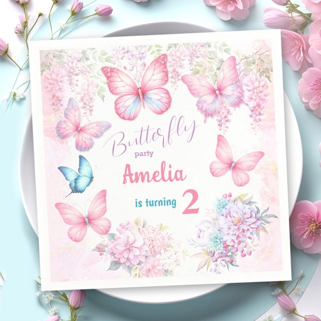 Little Butterfly Pink Floral Summer Girl Geburtsta Serviette (Little Butterfly Pink Floral Summer Girl Birthday Napkins)