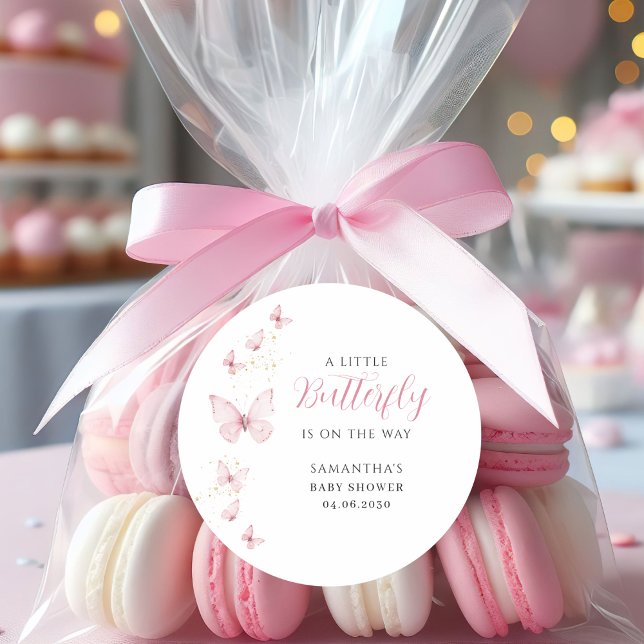 Little Butterfly Pink Girl Watercolor Babydusche Runder Aufkleber (Von Creator hochgeladen)