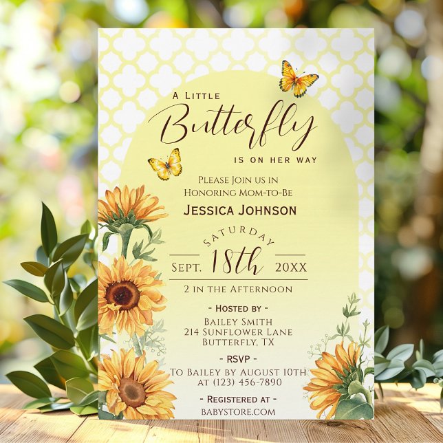 Little Butterfly Yellow Baby Girl Dusche Sonnenblu Einladung (Sunflower Yellow A Little Butterfly Baby Shower Invitation)